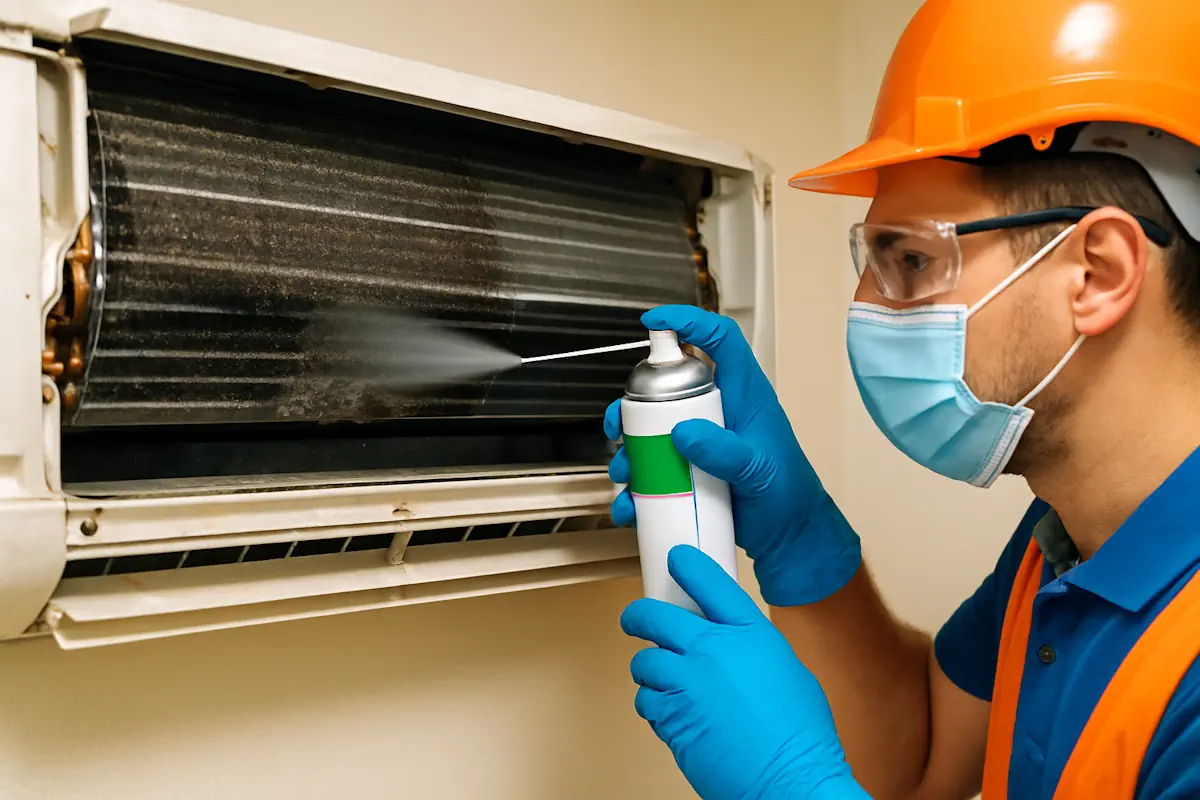 Higienização de Sistemas de Climatização 17 tecnico_limpando_ar_condicionado Guia Completo sobre Higienização de Sistemas de Climatização Residencial e Comercial